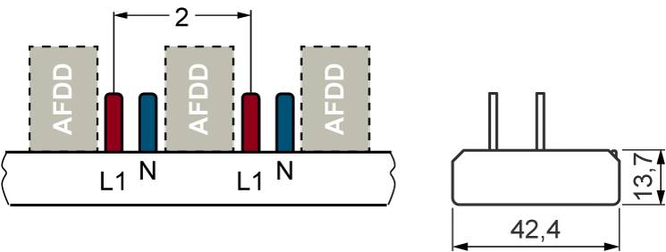 Abbildung zeigt eine elektrische Schaltung mit drei AFDD-Elementen. Beschriftet mit 'L1', 'N'; Maße: 42,4 mm Breite, 13,7 mm Höhe.