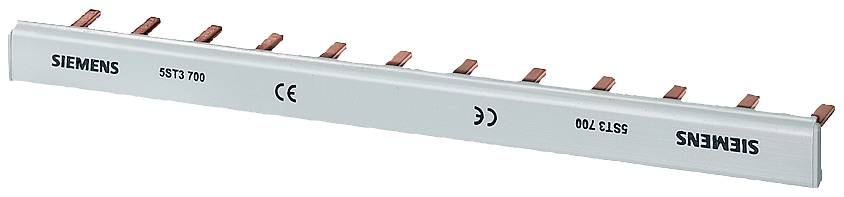 Abgebildet ist eine Siemens Schienenverbindung mit der Aufschrift '5ST3 700'. Sie dient der elektrischen Verbindung von Sicherungsautomaten.