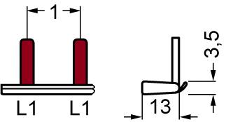 Technische Zeichnung von zwei vertikalen, roten Zylindern auf einer gemeinsamen Basis. Links L1-Beschriftung, rechts Maße: 3,5 und 13.