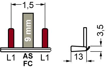 Diagramm zeigt Abmessungen eines Profils: Höhe 9 mm, Breite 1,5 mm, Tiefe 3,5 mm. Abstand zwischen Innenstiften: 13 mm.