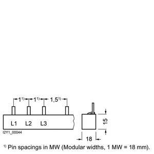 Diagramm zeigt einen Steckverbinder mit drei Pins (L1, L2, L3); Abstände 1 MW (18 mm) zwischen den Pins; Höhe 15 mm.