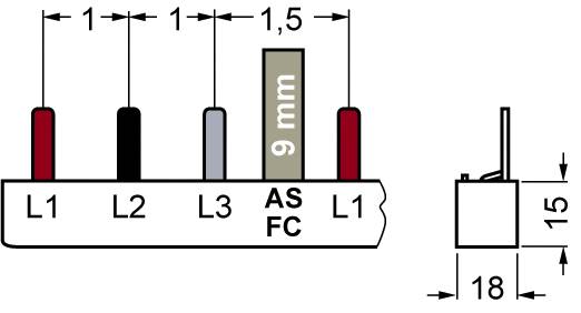 'AS FC'-Leiste mit L1, L2, L3, L1 Abstand: 1 mm, 1,5 mm neben 'AS FC', Höhe: 9 mm. Seitliche Ansicht zeigt 15 mm Höhe, 18 mm Breite.