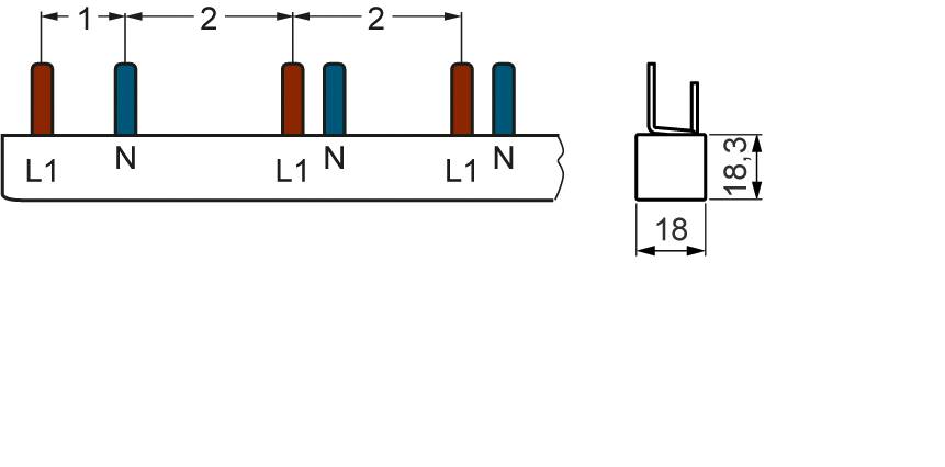 Schema eines Stromverteilungsblocks mit drei Phasen (L1) und Neutralleiter (N). Maße: 18 mm Breite, 18,3 mm Höhe.