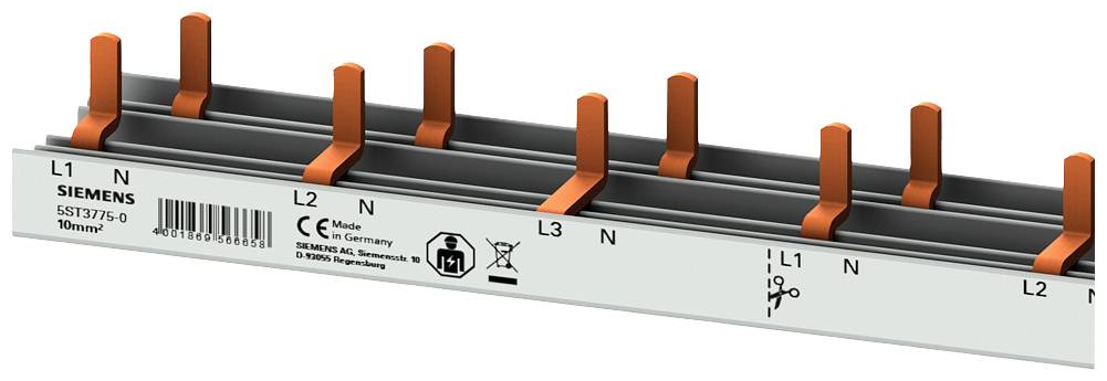 Stromschiene von Siemens mit orangefarbenen Leiterstiften, markiert mit 'L1', 'L2', 'L3' und 'N'. Eignet sich für elektrische Installationen.
