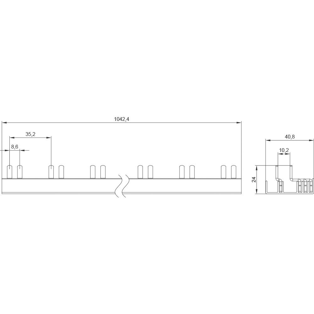 Technische Zeichnung eines Bauteils mit Abmessungen: Breite 1042,4 mm, Höhe 35,2 mm, Tiefe 36,6 mm. Seiten- und Vorderansicht.