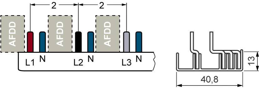 Diagramm zeigt eine Montage von 'AFDD'-Geräten auf einer Schiene. Links sind Phasen L1, L2, L3 und Neutralleiter N dargestellt. Rechts: Schnittansicht mit Maßen.