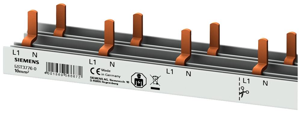 Siemens Verteilerblock, 10mm², L1 und N Phasenkennzeichnung, Made in Germany, Modellnummer 5ST3776-0, Abgebildet mit Sicherheitssymbolen.