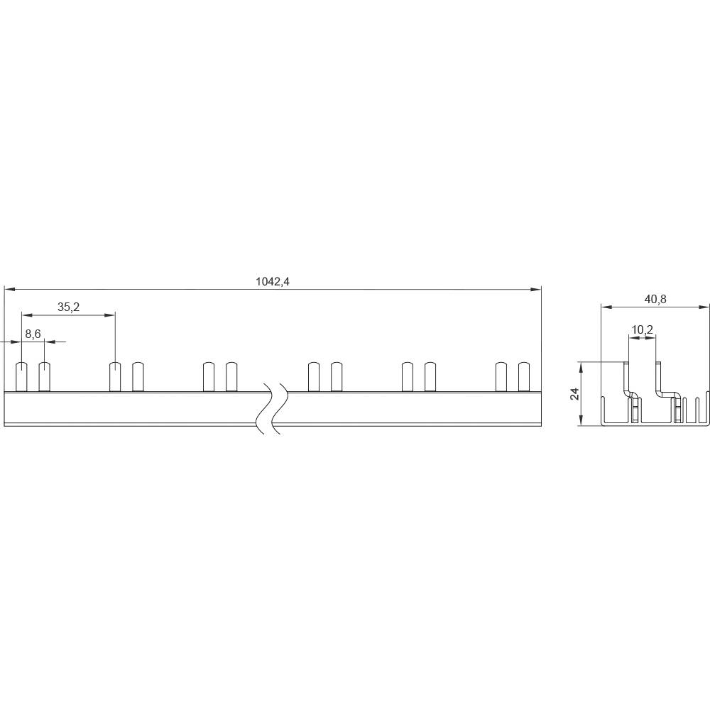 Technische Zeichnung eines Profils mit Maßen: Länge 1042,4 mm, Höhe 24 mm, Breite 35,2 mm. Querschnitt zeigt Stege und Einkerbungen.
