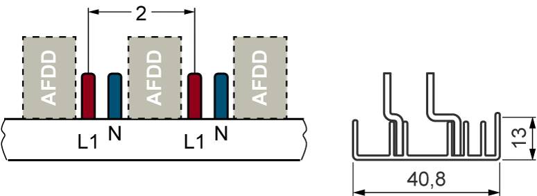 Darstellung von AFDD-Schaltern mit den Klemmen L1 und N; Maßangaben 40,8 Breite und 13 Höhe.