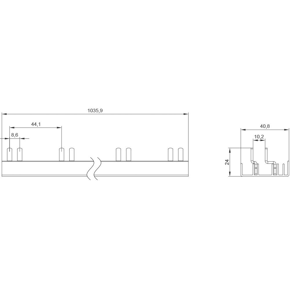 Technische Zeichnung eines Bauteils mit Abmessungen: Länge 1035,9 mm, Breite 44,1 mm, Höhe 24 mm. Details der Ausschnitte gezeigt.