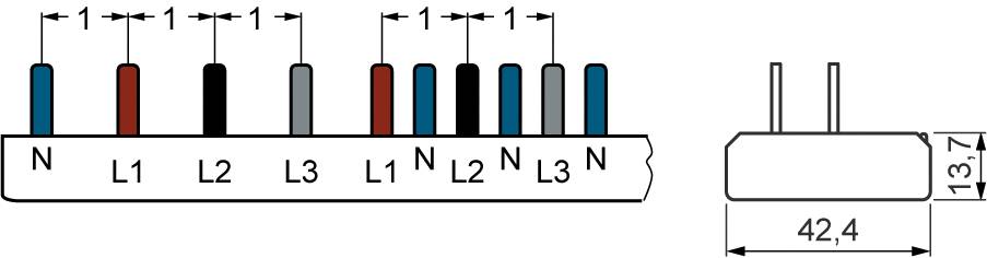 Diagramm einer elektrischen Anschlussleiste. Links sind Anschlüsse N, L1, L2, L3. Rechts die Maße 42,4 Breite, 13,7 Höhe.