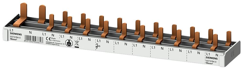Stromschiene mit orangenen Leitern und Beschriftungen. Markierungen für L1, N, Siemens-Logo und technische Symbole sichtbar.