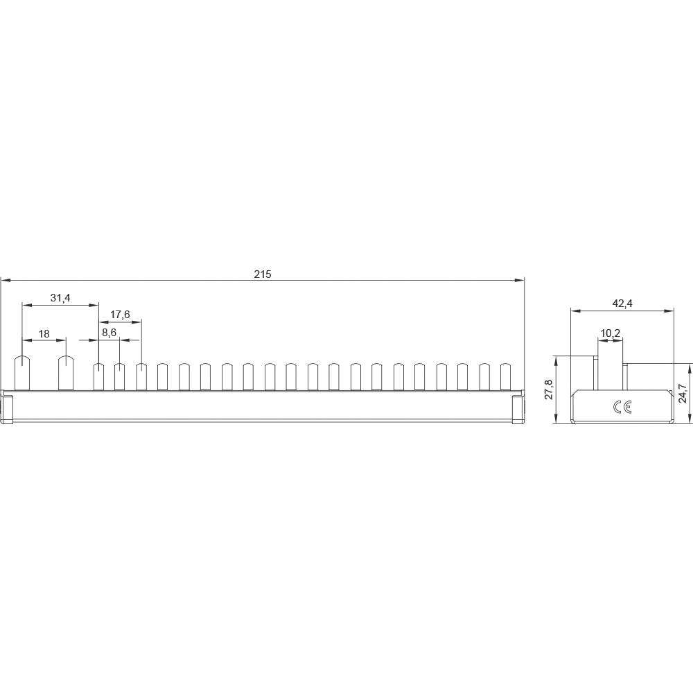 Diagramm zeigt die Abmessungen eines Ventilators: Länge 215 mm, Höhe 27,8 mm, Breite 42,4 mm. CE-Kennzeichnung sichtbar.