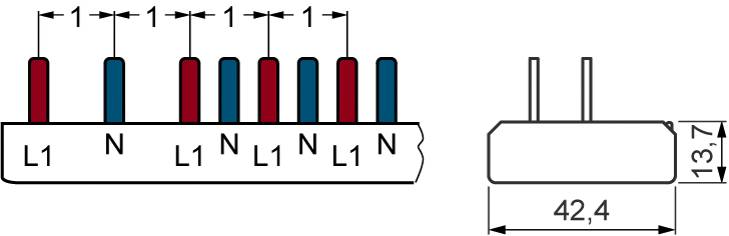 Steckverbindungsdiagramm mit abwechselnd roten und blauen Pins, beschriftet als 'L1' und 'N'. Maße: 42,4 mm breit, 13,7 mm hoch.