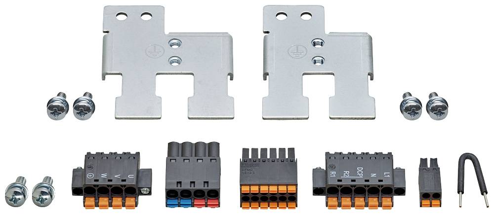 Verschiedene elektrische Steckverbinder und Montagezubehör, darunter Schrauben, Halterungen und Steckklemmen in unterschiedlichen Farben und Formen.