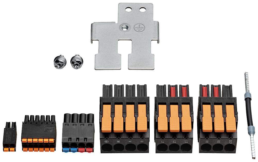 Verschiedene elektrische Steckverbinder in schwarz und orange, je nach Größe gruppiert. Im Hintergrund ist eine Metallhalterung sichtbar.