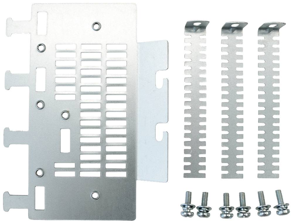 Metallhalterungsset bestehend aus einer perforierten Platte, drei Streifenhalterungen und sechs Schrauben, zur Montage von Hardware-Komponenten.