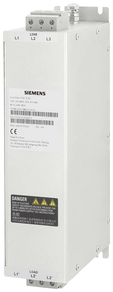 Ein grauer Siemens Lastfilter mit Anschlüssen oben. Aufkleber mit technischen Daten und Sicherheitswarnungen auf der Vorderseite.