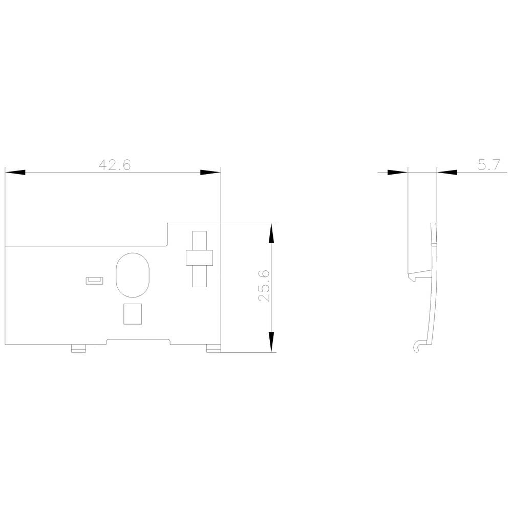 Technische Zeichnung eines rechteckigen Bauteils mit Maßen: Breite 42,6 mm, Höhe 25,6 mm, und Seitenansichttiefe 5,7 mm.