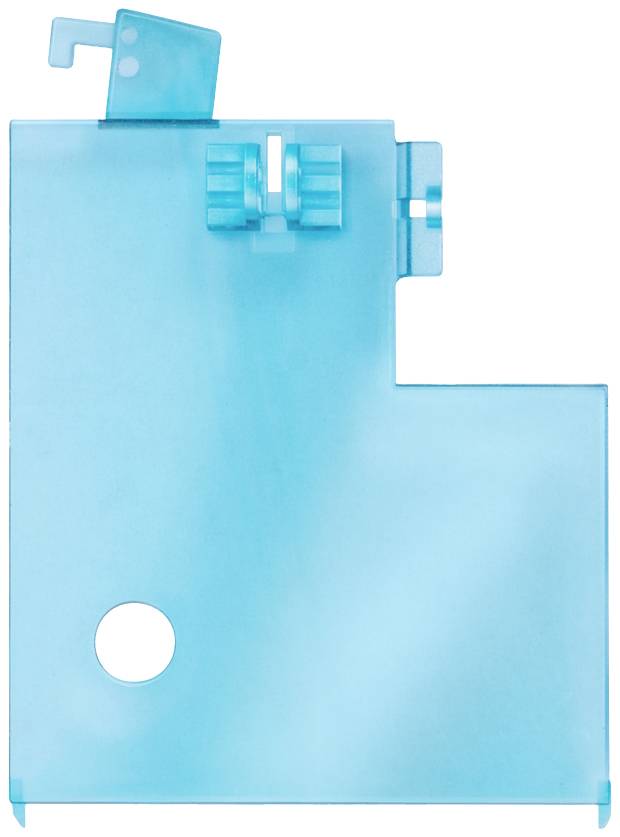 Ein transparenter, blauer Kunststoffbehälter mit quadratischer Form und kleiner runder Öffnung, möglicherweise Teil eines Geräts.