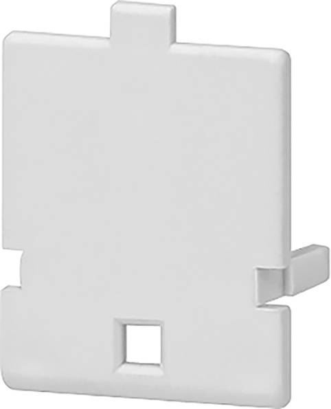 Einfacher rechteckiger Kunststoffabdeckdeckel mit kleiner quadratischer Aussparung unten, hauptsächlich in Weiß gehalten.