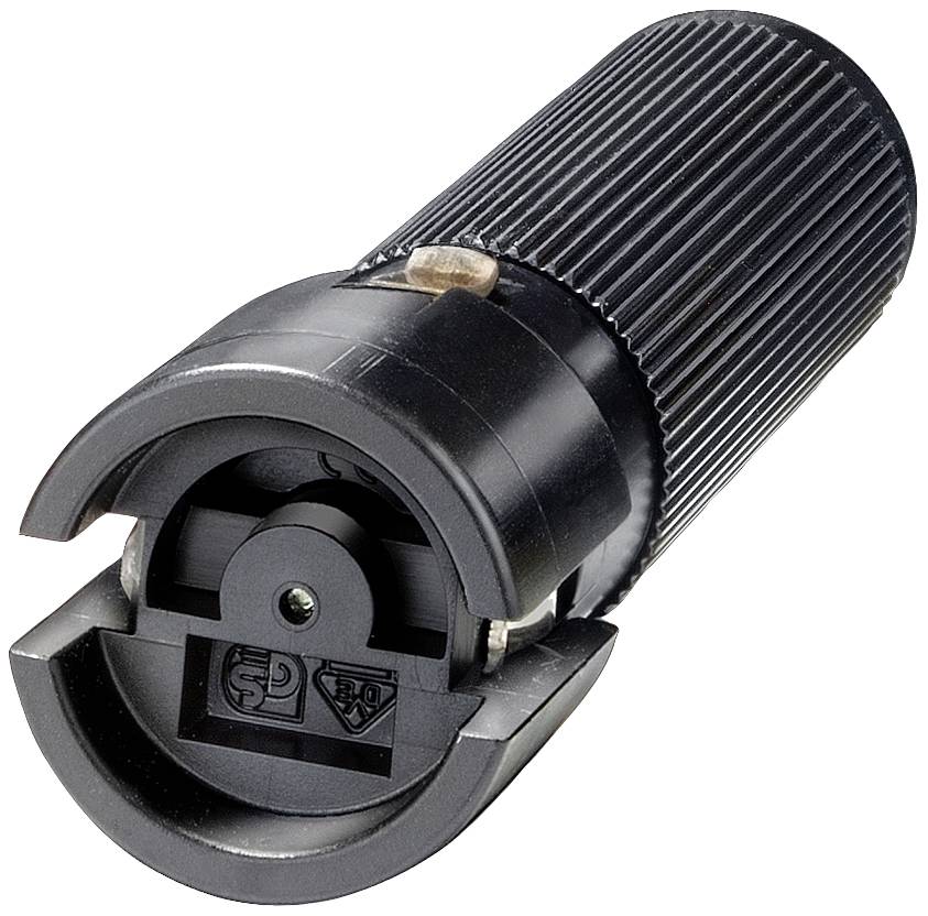 Schwarzer, zylindrischer Gerätestecker mit Riffelung. Sichtbare Symbole und Kontaktstifte an der Unterseite.