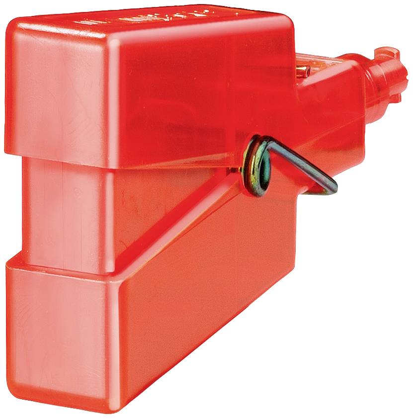 Rotes, viereckiges Kunststoffgehäuse mit Kabel. Möglicherweise ein Teil eines elektrischen oder mechanischen Geräts.