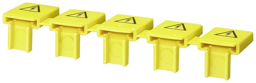 Fünf gelbe Plastikabdeckungen mit Warnsymbolen für elektrische Spannung, alle in einer Reihe angeordnet. Sie signalisieren Vorsicht.
