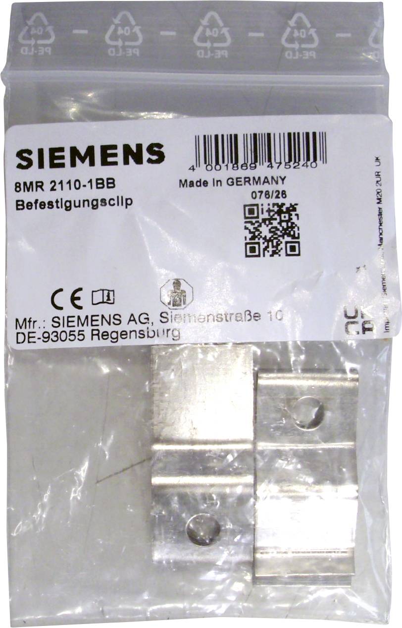 Paket des Siemens 8MR 2110-1BB Befestigungsclips, mit der Kennzeichnung „Made in Germany