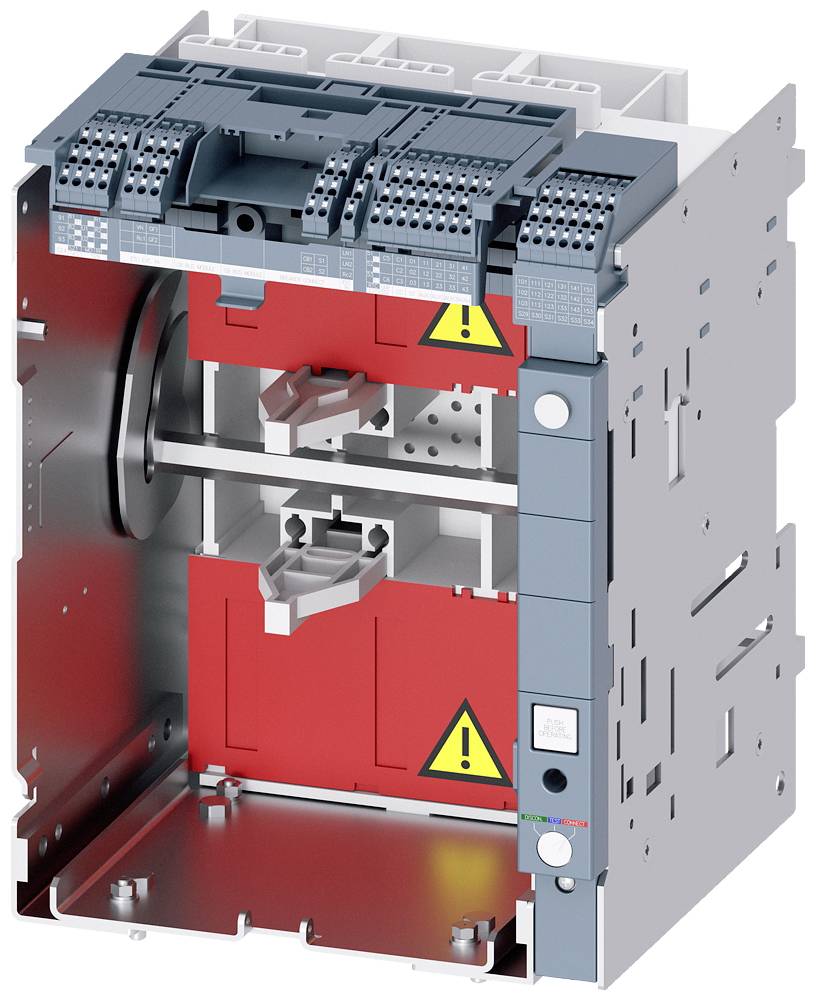 Elektrischer Leistungsschalter mit einem robusten, grauen Gehäuse. Markante rote Warnsymbole heben Sicherheitsfunktionen hervor.