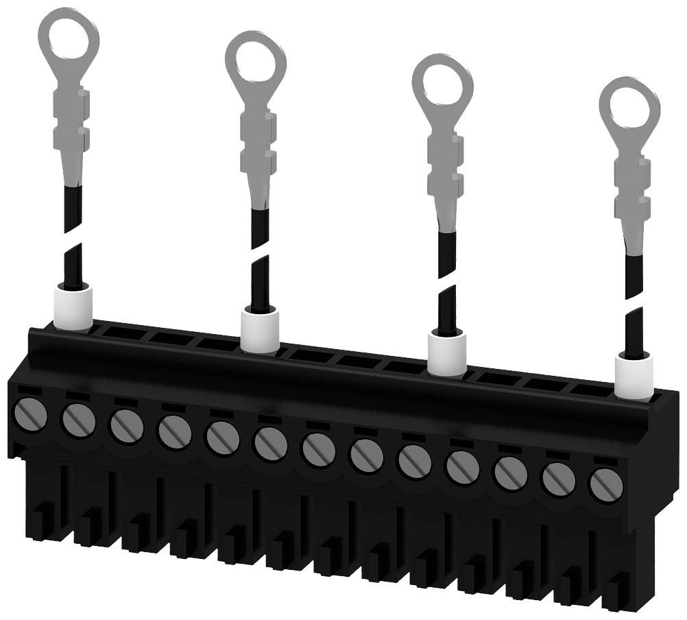 Ein elektrischer Stecker mit acht Schraubklemmen und vier angeschlossenen, abisolierten Kabeln. Geeignet für industrielle Anwendungen.