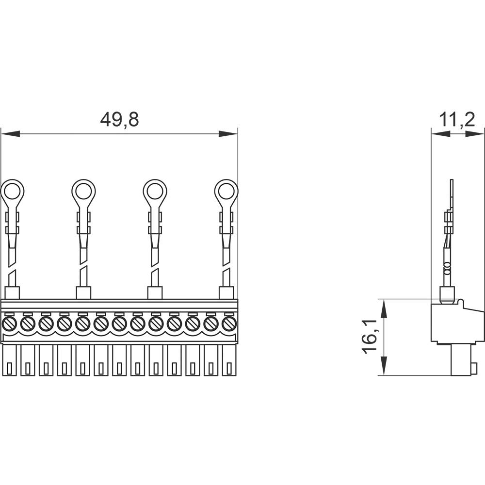 Technische Zeichnung einer elektrischen Komponente mit Abmessungen: Breite 49,8 mm, Höhe 16,1 mm, seitliche Tiefe 11,2 mm.