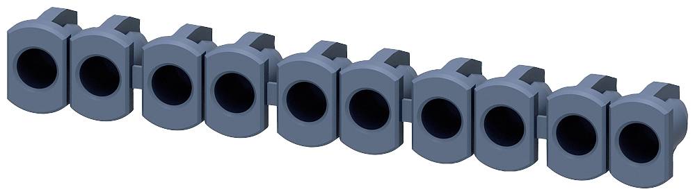 Neun schwarze LEGO-Elemente, rechteckige Form mit einem seitlichen Loch, angeordnet in einer diagonalen Linie.