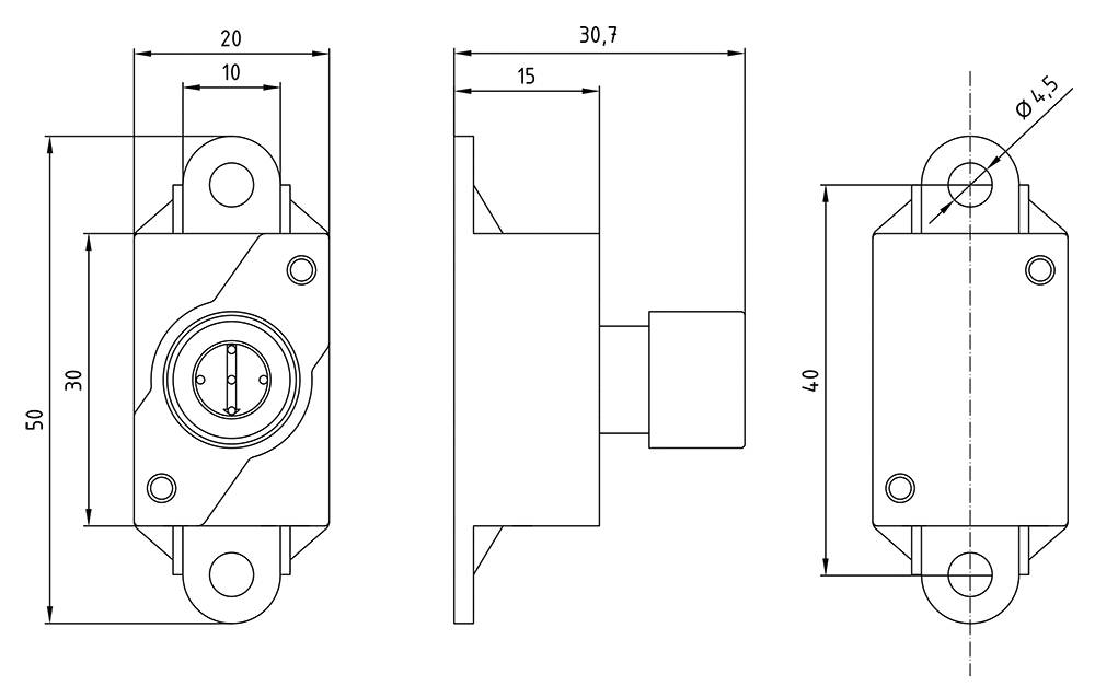 Technische Zeichnung eines Schlossriegels in drei Ansichten: Vorderseite, Seite und Oberseite, mit Maßangaben in Millimetern.