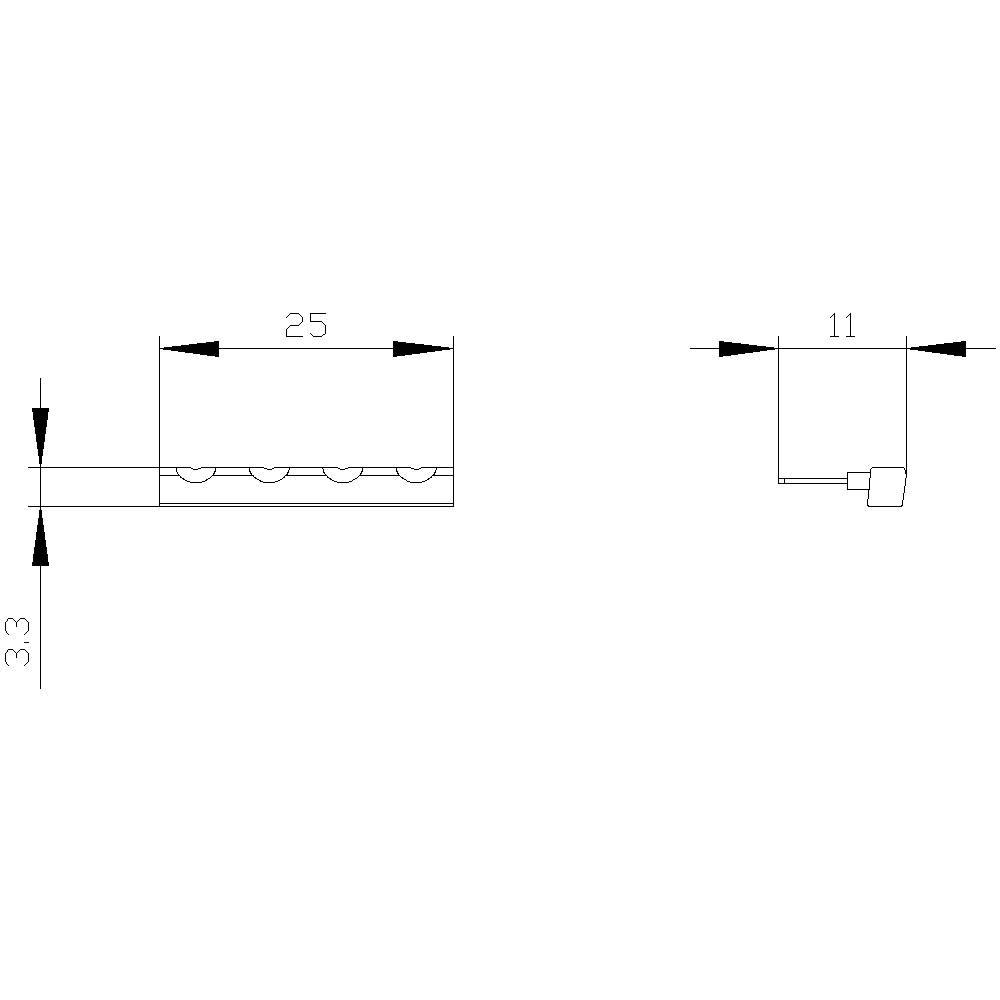 Technische Zeichnung zeigt zwei Ansichten eines Bauteils: Links eine längliche Perspektive mit '25' und '3,3', rechts eine Seitenansicht mit '11'.