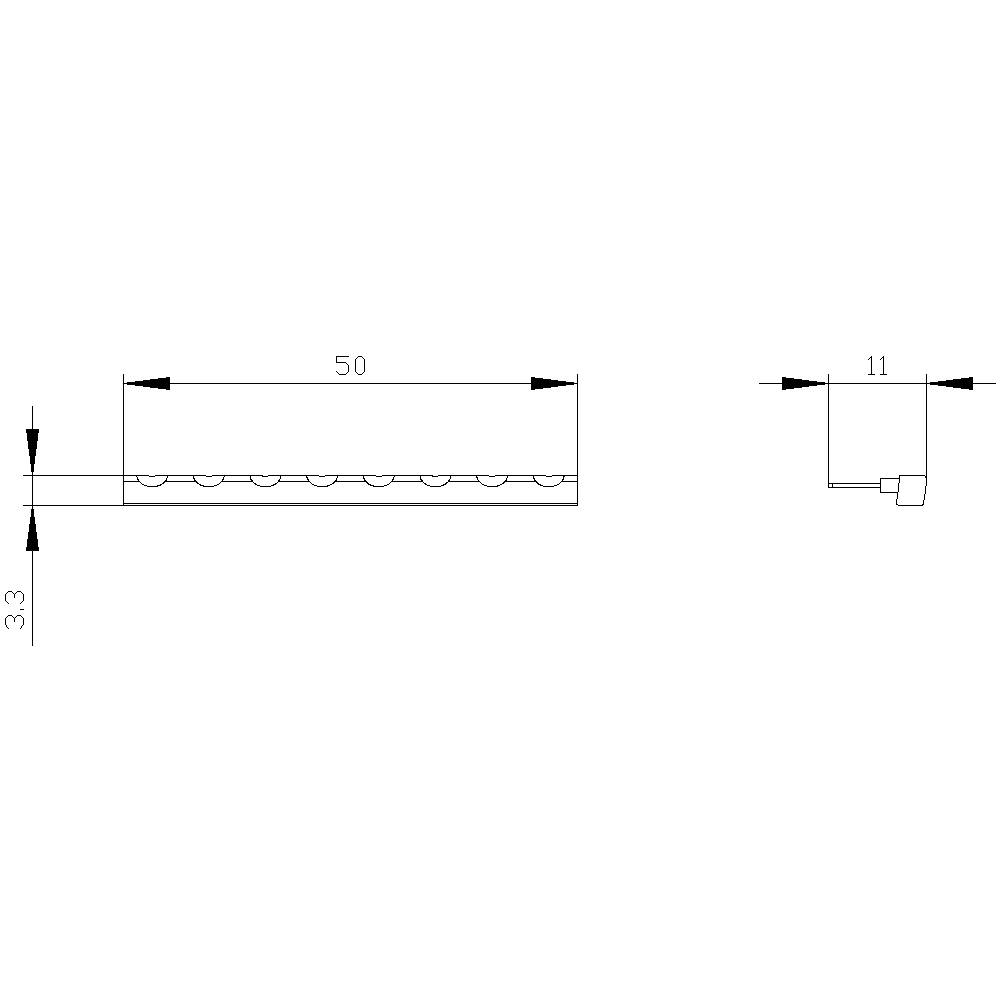 Die technische Zeichnung zeigt ein flaches Objekt mit einer Länge von 50 und einer Höhe von 3,3 im Seitenprofil sowie einer Breite von 11 in der Seitenansicht.