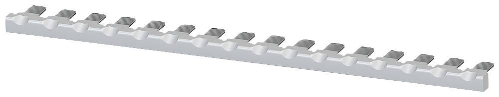 Metallstück mit regelmäßigen viereckigen Aussparungen entlang der Kante, wahrscheinlich ein technisches Bauteil.