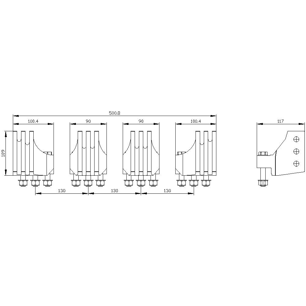 Technische Zeichnung von Metallhalterungen mit Maßen. Vier Halterungen nebeneinander: 100,4 mm, 90 mm, 90 mm, 100,4 mm Breite.