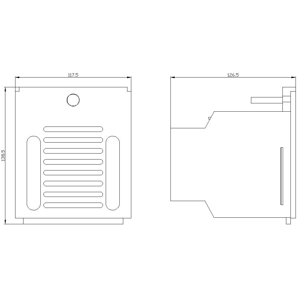 Technische Zeichnung einer Wand- oder Deckenhalterung mit Front- und Seitenansicht. Maße: Breite 117,5 mm, Tiefe 126,5 mm, Höhe 138,5 mm.