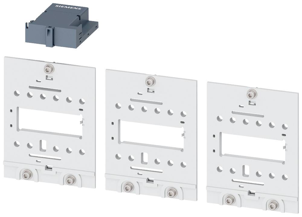 Drei weiße Montageplatten mit perforierten Löchern und Ausschnitten, und ein separates blaues Bauteil oben, alle von Siemens.