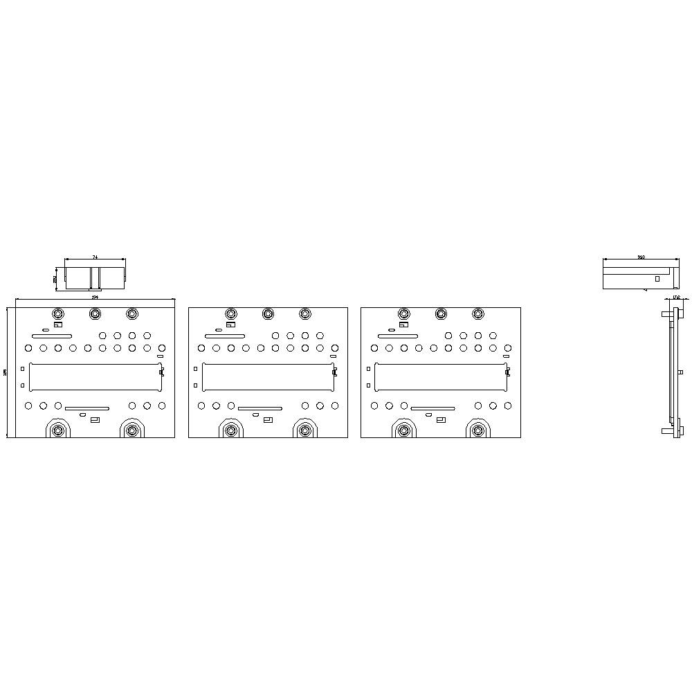 Technische Zeichnung eines linear angeordneten Schaltschranksystems mit drei identischen Bedienfeldern und einer seitlichen Ansicht eines Panels.