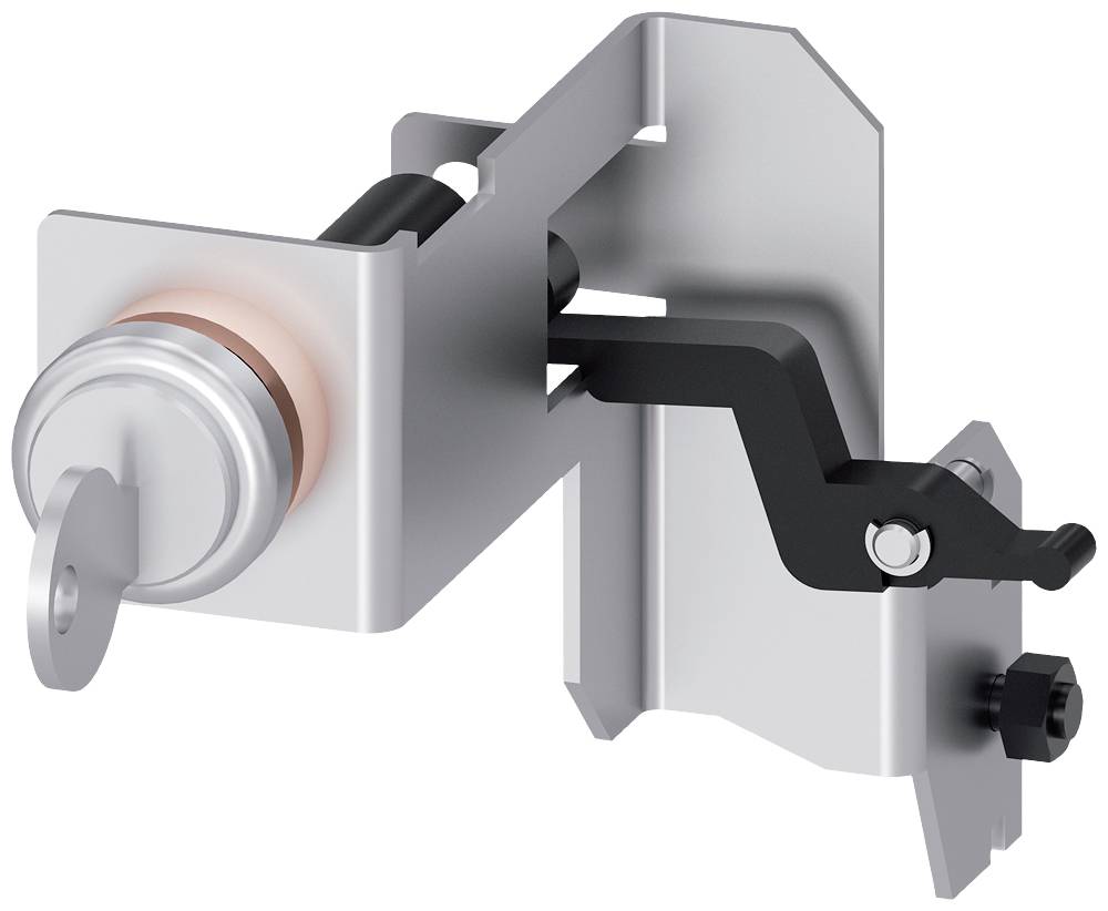 Metallischer Verschlussmechanismus mit schwarzem Hebel und rundem Zylinder. Entworfen zur Sicherung elektronischer Geräte in Gehäusen.