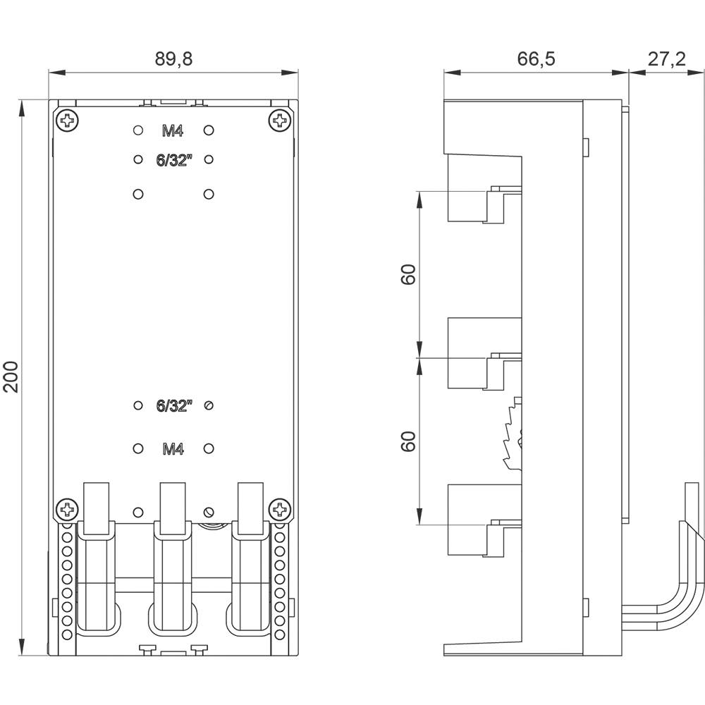 Technische Zeichnung eines rechteckigen Geräts mit Abmessungen 200 x 89,8 mm. Details wie Verschraubungspunkte und Anschlüsse sind sichtbar.
