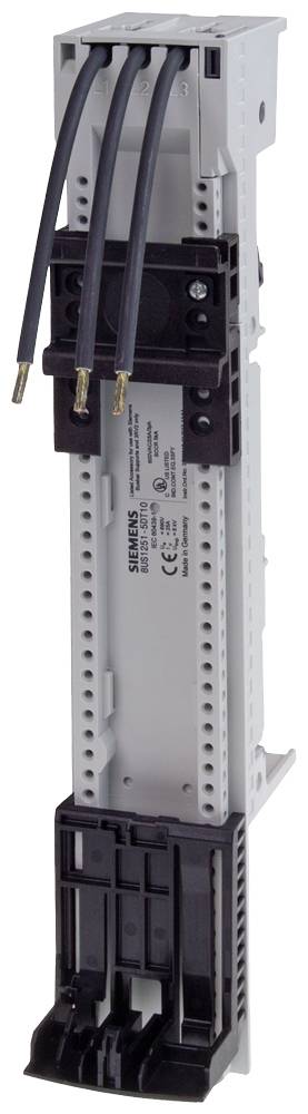 Ein grauer elektrischer Steckverbinder mit drei eingeführten schwarzen Kabeln. Seitenansicht, zeigt technische Details und Markenlogo.