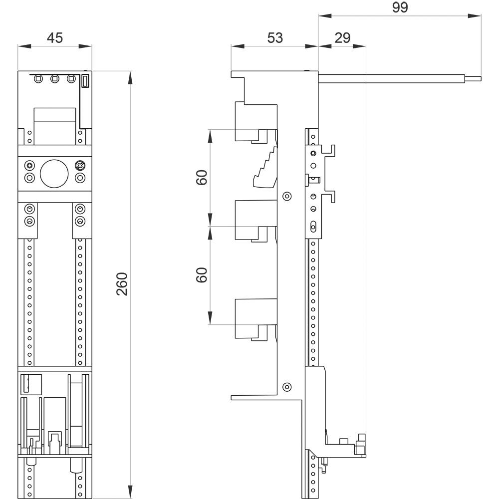 Technische Zeichnung eines mechanischen Teils mit Maßen. Seiten- und Frontalansicht. Maße: 260 mm Höhe, 45 mm und 99 mm Breite.