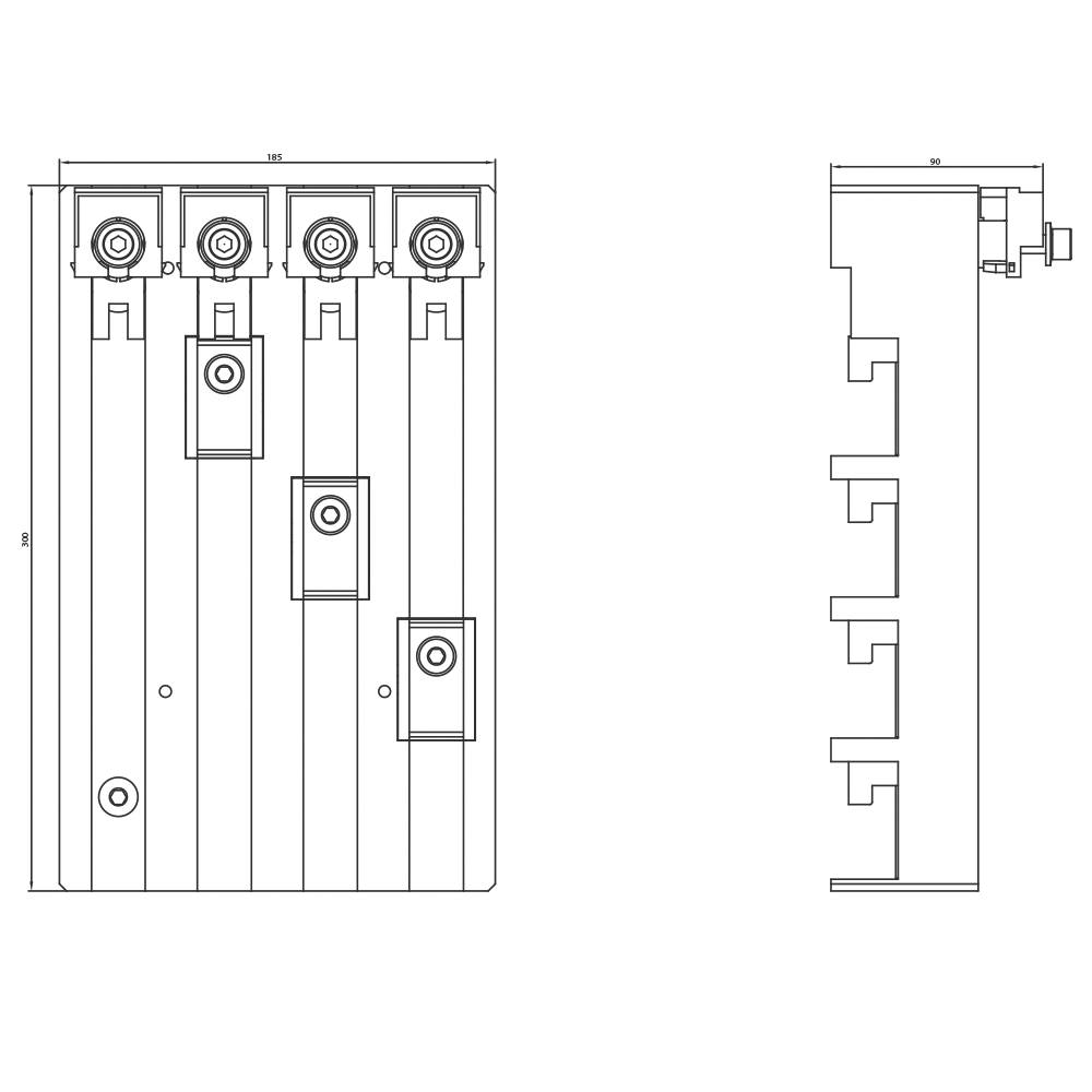 Technische Zeichnung eines Schaltschranks, Vorder- und Seitenansicht. Zeigt Maße und Positionen von Komponenten zur Installation.