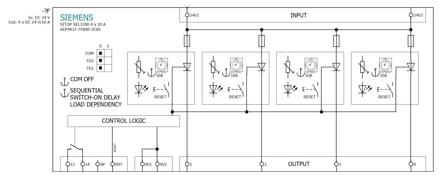 Schaltschema einer Siemens-Schaltung. Enthält Steuerlogik, Ein- und Ausgangssektionen mit sequenzieller Einschaltverzögerung und Lastabhängigkeit.