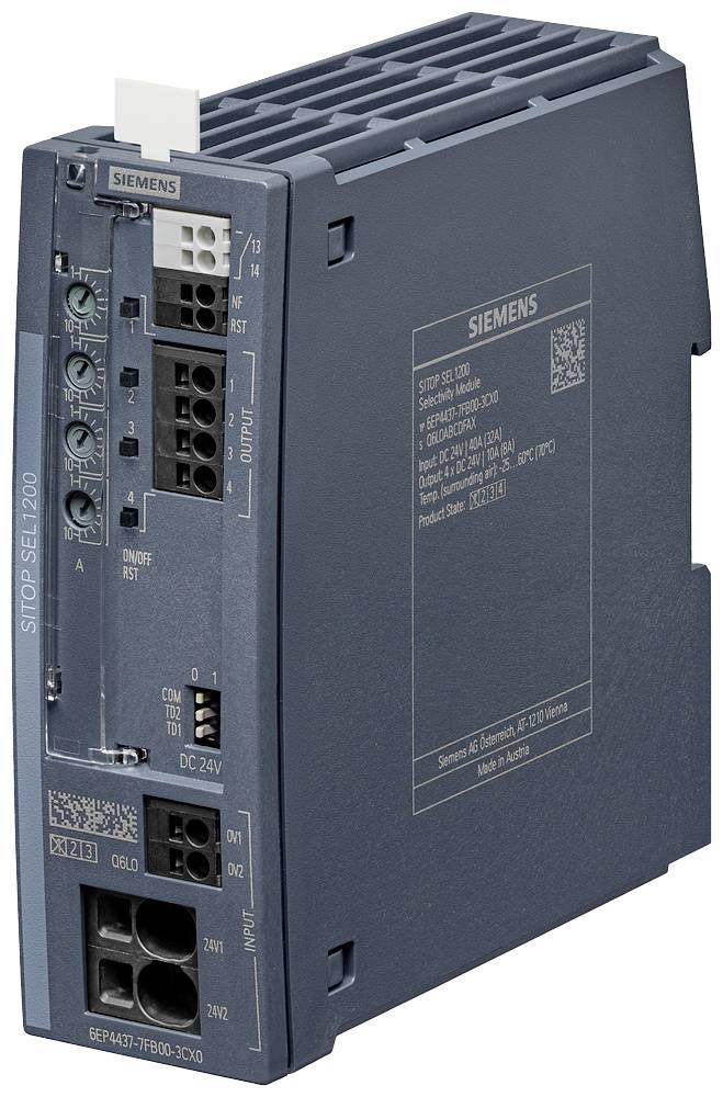 Industriellen Stromversorgungseinheit von Siemens, Modell SITOP SEL1200, zeigt Eingangs- und Ausgangsanschlüsse für 24V DC.