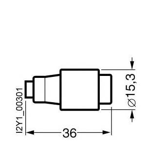 Technische Zeichnung eines Bauteils mit der Bezeichnung 'I2Y1_00301'. Es zeigt eine zylindrische Form mit den Abmessungen 36 und Durchmesser 15,3.