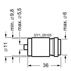 Technische Zeichnung eines zylindrischen Bauteils mit Maßen: Länge 36 mm, Durchmesser 11 mm, verschiedene maximal zulässige Durchmesser markiert.